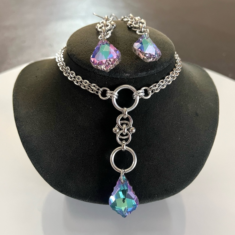 Handmade Blue purple iridescent rainbow austrian crystals maille celtic set - Picture 13 of 16